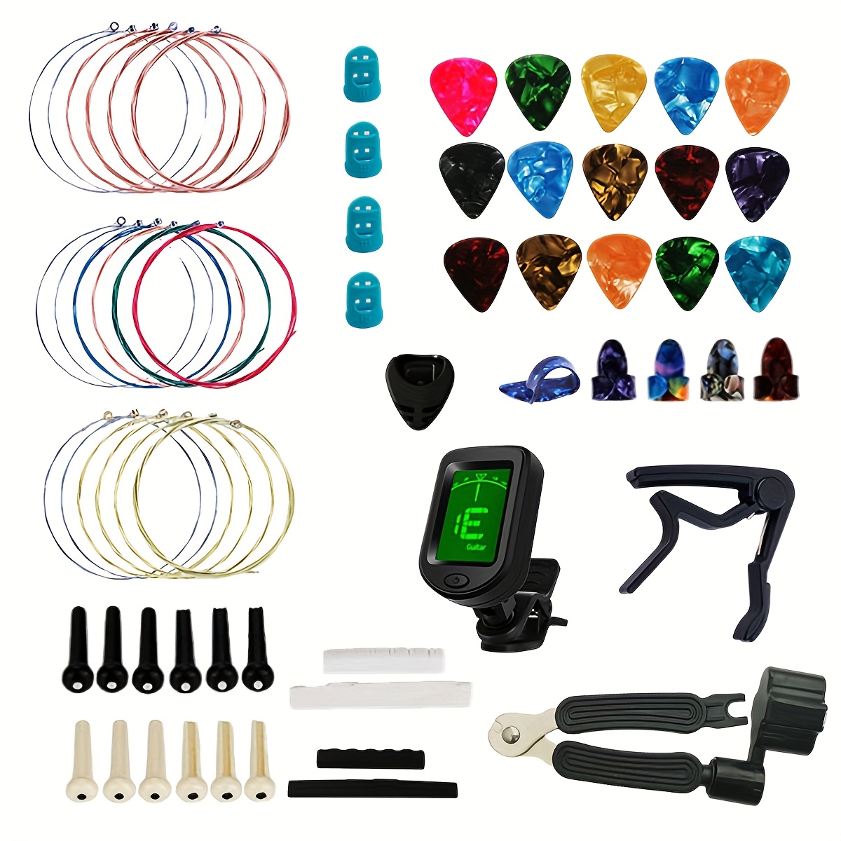 

Guitar Accessory Set, Including Abs Picks, Clips, Bridge Pins, String Winding Scissors, And A Microfiber Cloth - A Diverse Mixed Set.