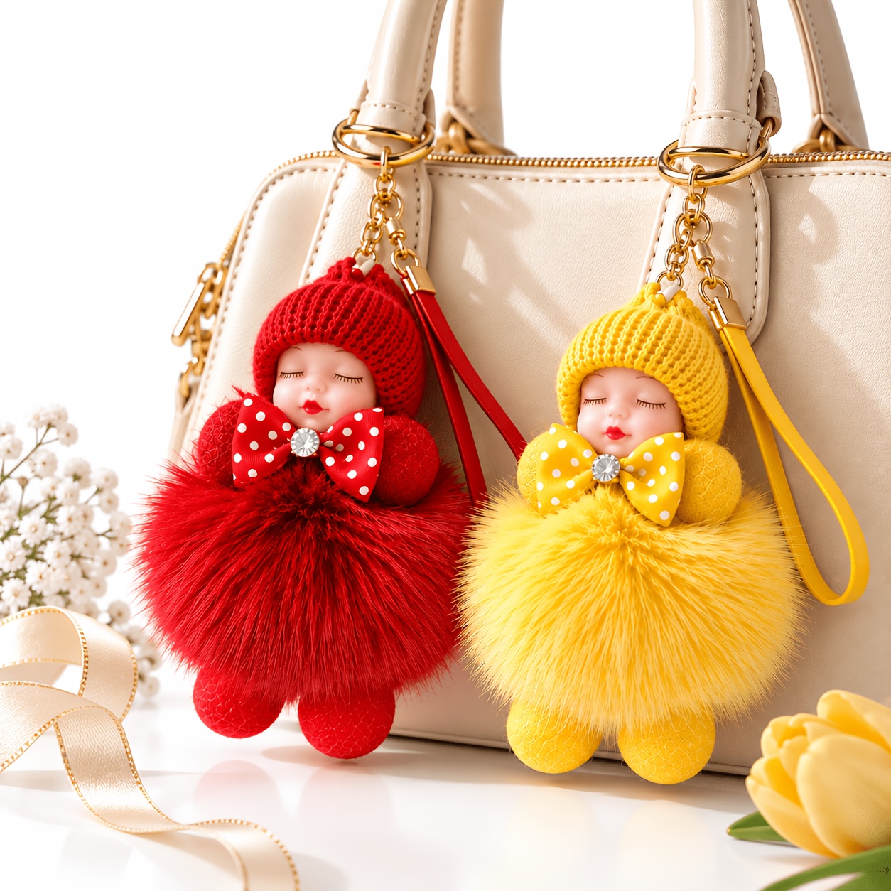 TEMU 2pcs Cute Keychain Bag Pendant Car Keychain Made Of Real Animal, Soft And Shiny, Suitable As A Christmas Gift Or Valentine's Day Gift, Christmas