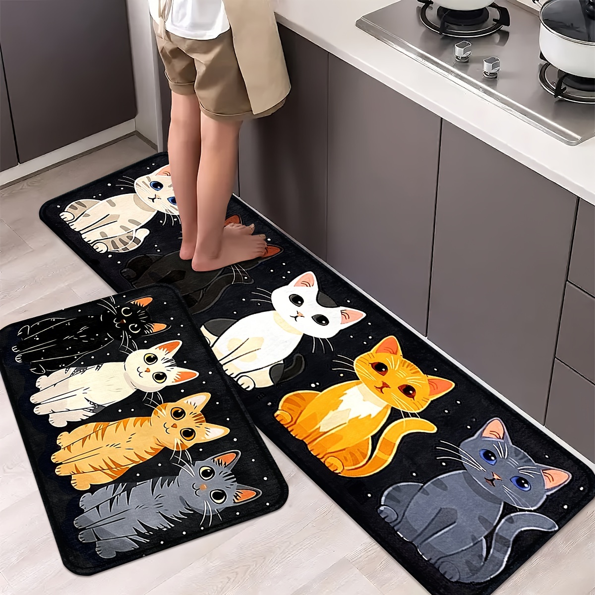 

Cute Kitten Pattern Kitchen Mats: Non-slip, Durable, And Comfortable For Home, Office, And Bathroom - Available In Various Sizes