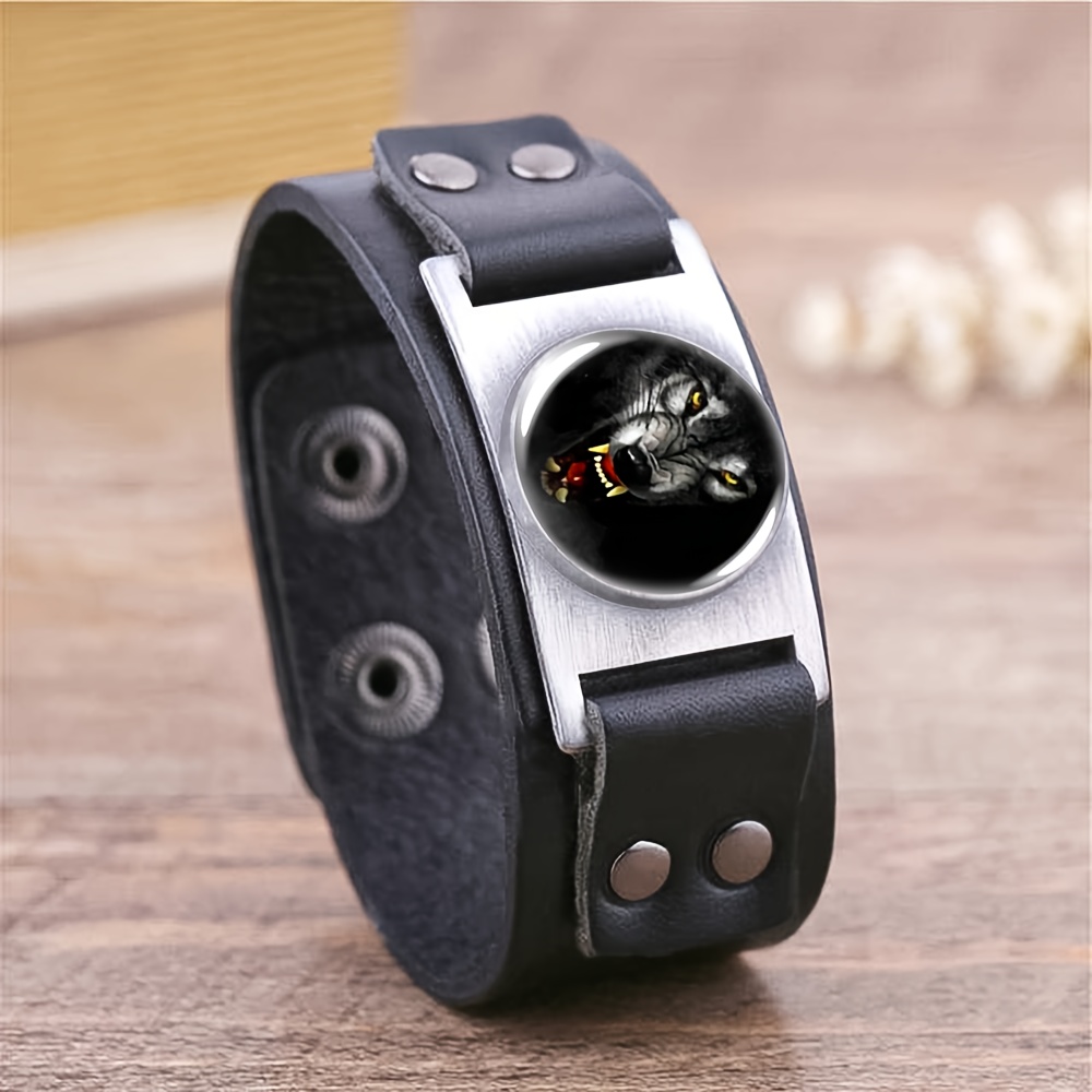 Unisex Wolf Head Design Faux Leather Bracelet, Gift Idea