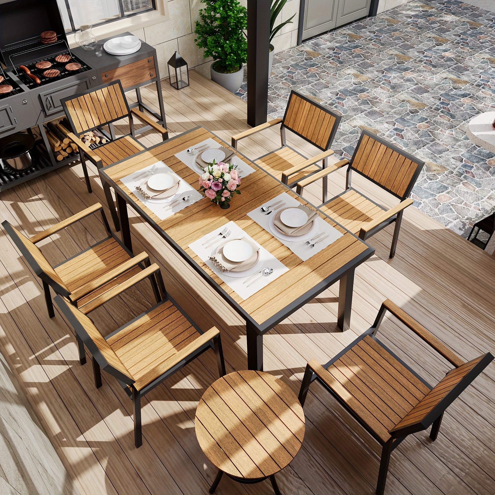 

8-piece Patio Dining Set, Outdoor Aluminum Furniture Set With Plastic-wood Table Top, Outdoor Furniture Set With 6 Outdoor Stackable Chairs For Patio Garden Poolside