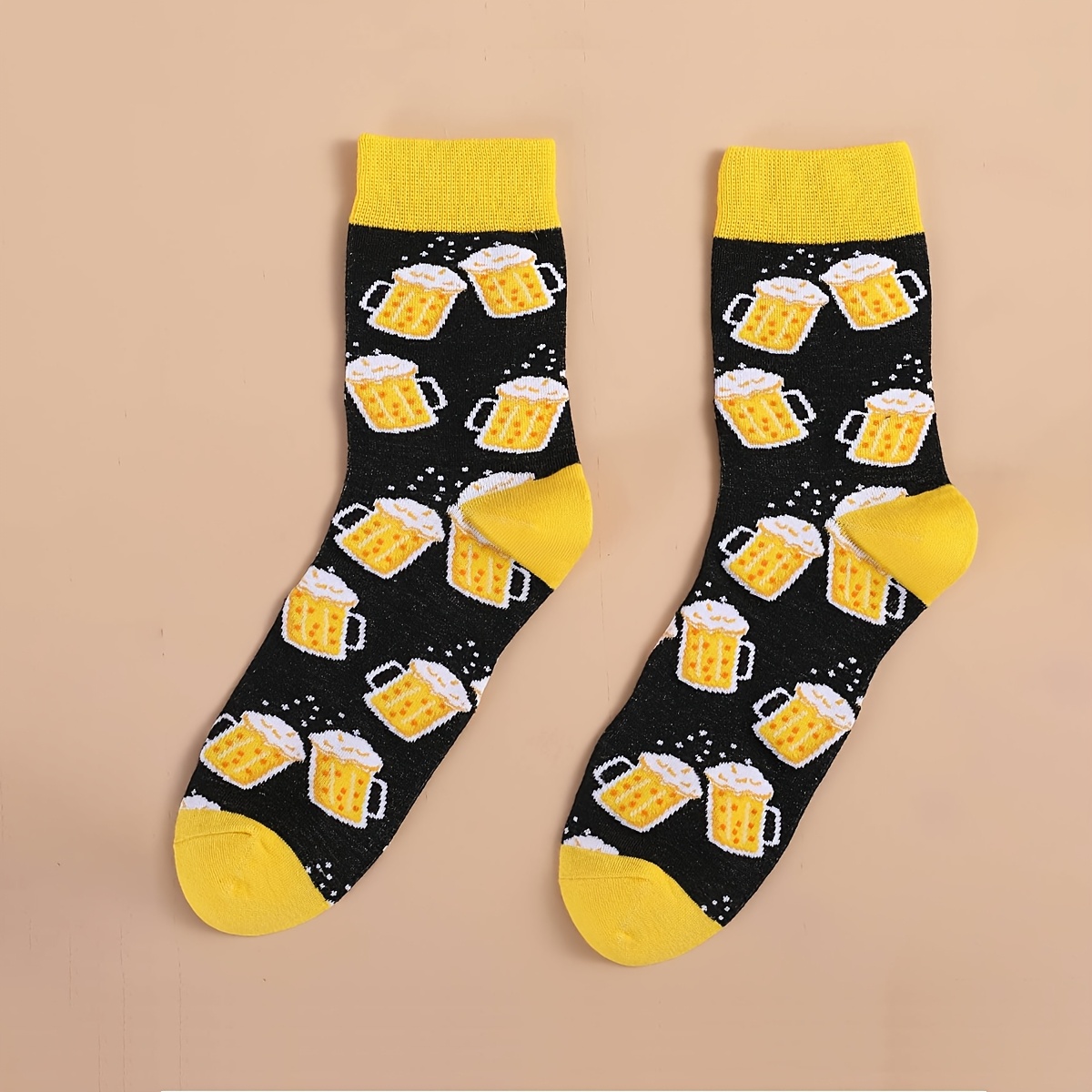 1 Pair Of Men's Socks With Black Beer Color-matching Pattern Mid-calf Socks