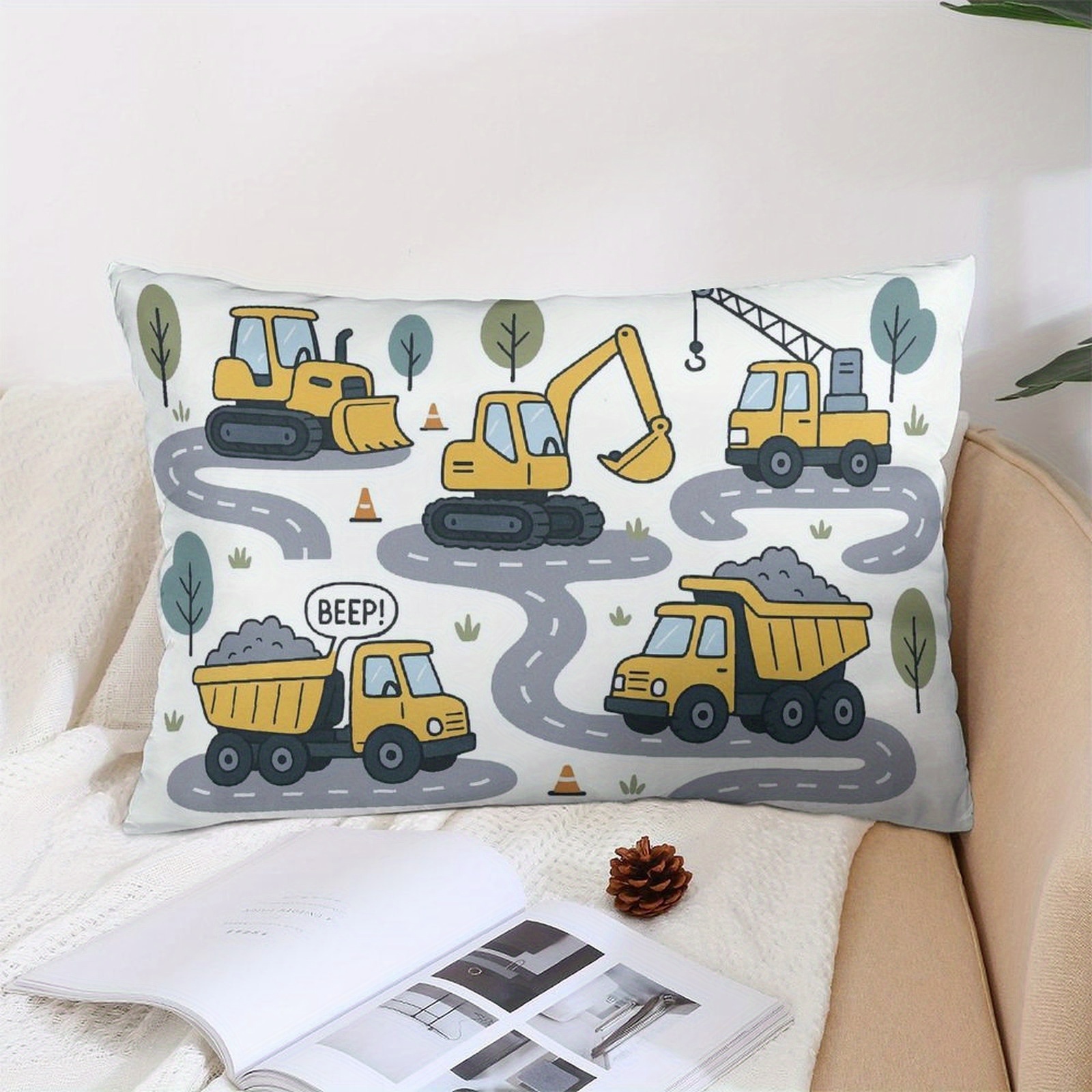 TEMU 1pc, Construction Site Vehicles Themed Decorative Pillow Cover For Bedroom Sofa (single-sided 2d Flat Printing, No Embroidery, Polyester, Pillow