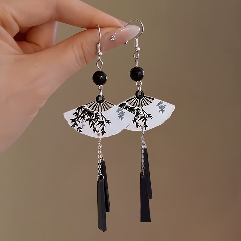 TEMU 1 Pair Of Fashionable Printed Acrylic Fan-shaped Pendant Earrings For Women, Party, Banquet, Vacation, Wedding Jewelry Accessories