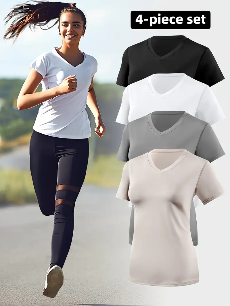 4pcs womens sports running v neck short sleeve quick dry fitness yoga sweat wicking breathable fit t shirt set Product details 1