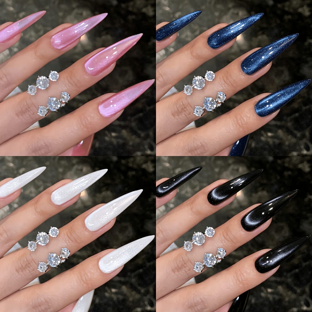 TEMU 96pcs Super Long Almond Cat Eye Press-on Nails, Black, White, Pink, Blue Box Set Christmas Fake Nails Elegant Cat Suitable For Halloween, Easy