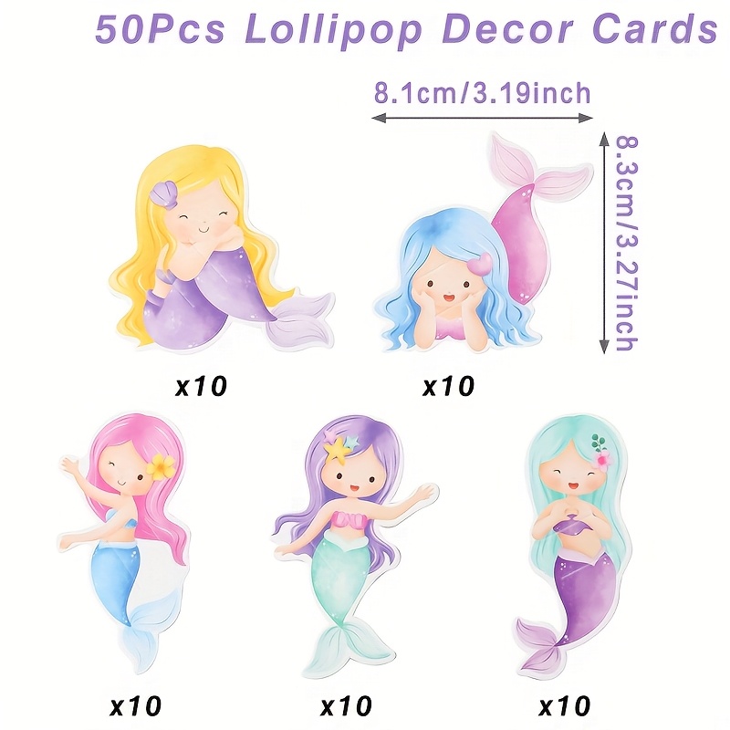 Image of 50pcs Of Mermaid-themed Lollipop Decoration Cards, Made Of Cardboard With A Mermaid Design, Perfect For Party Decorations Including Weddings, Birthdays, And Showers