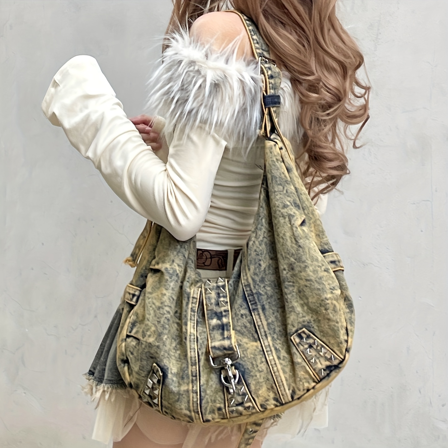 vintage nieten damen schultertaschen große kapazität cowboy Temu