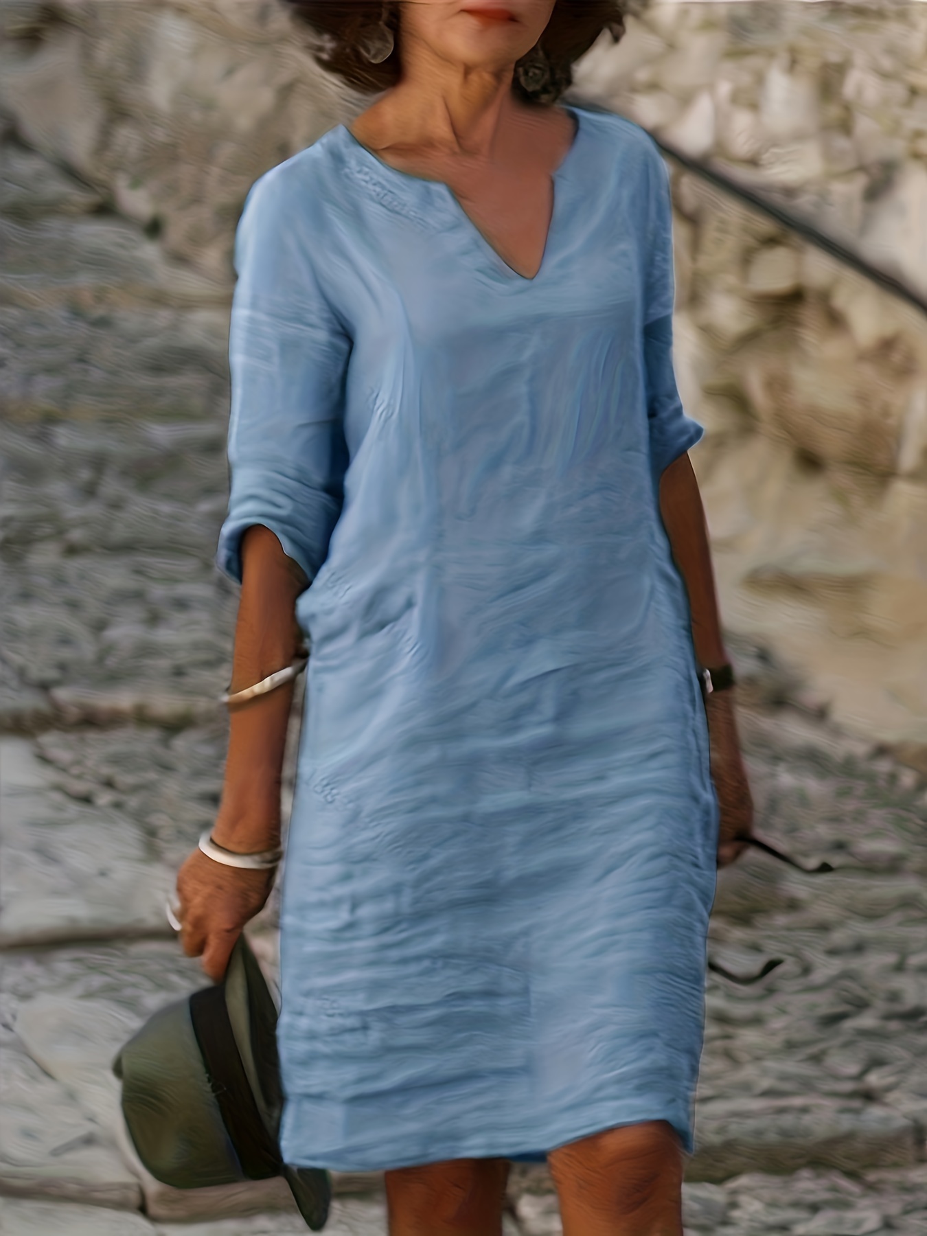 solid color notched neck dress elegant short sleeve linen Temu