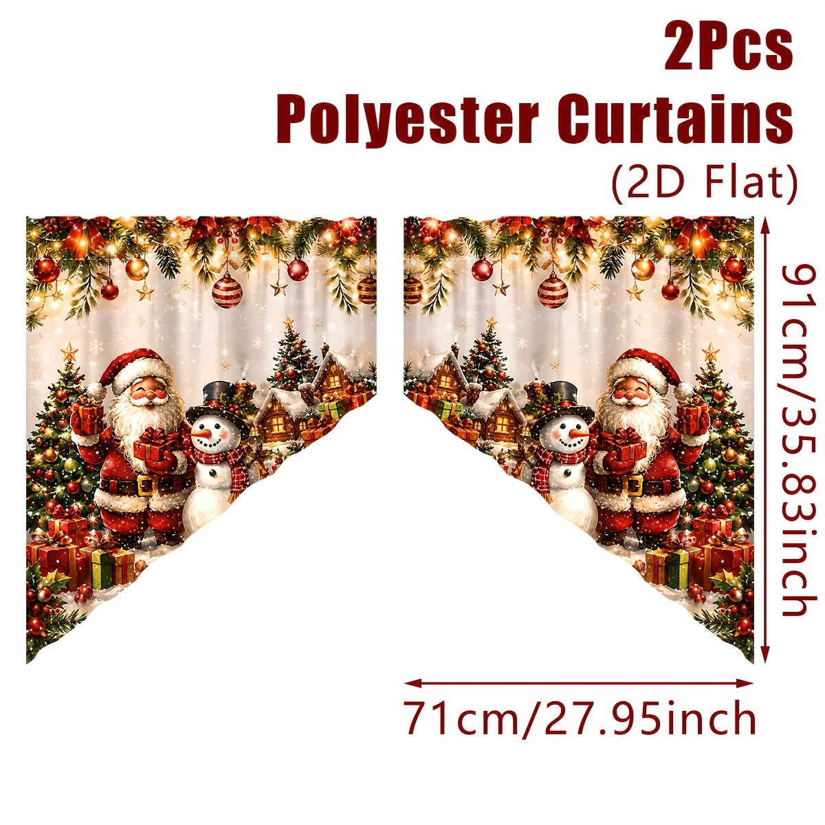 TEMU 2d Flat, 2pcs, Christmas Curtains, Santa Claus, Gift Box And Snowman Patterns Valances, Home Decor Curtains For Living Room Bedroom Dining Room