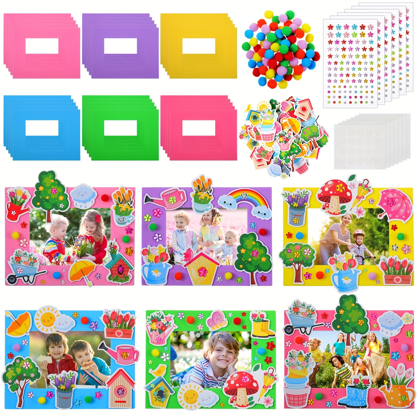 

150 Pcs Summer Picture Frame Craft Kits Include Foam Picture Frames Rhinestone Sticker Pom Poms Colorful Summer Photo Diy Frames Craft For Summer Beach Pool Party Games Graduation Decoration