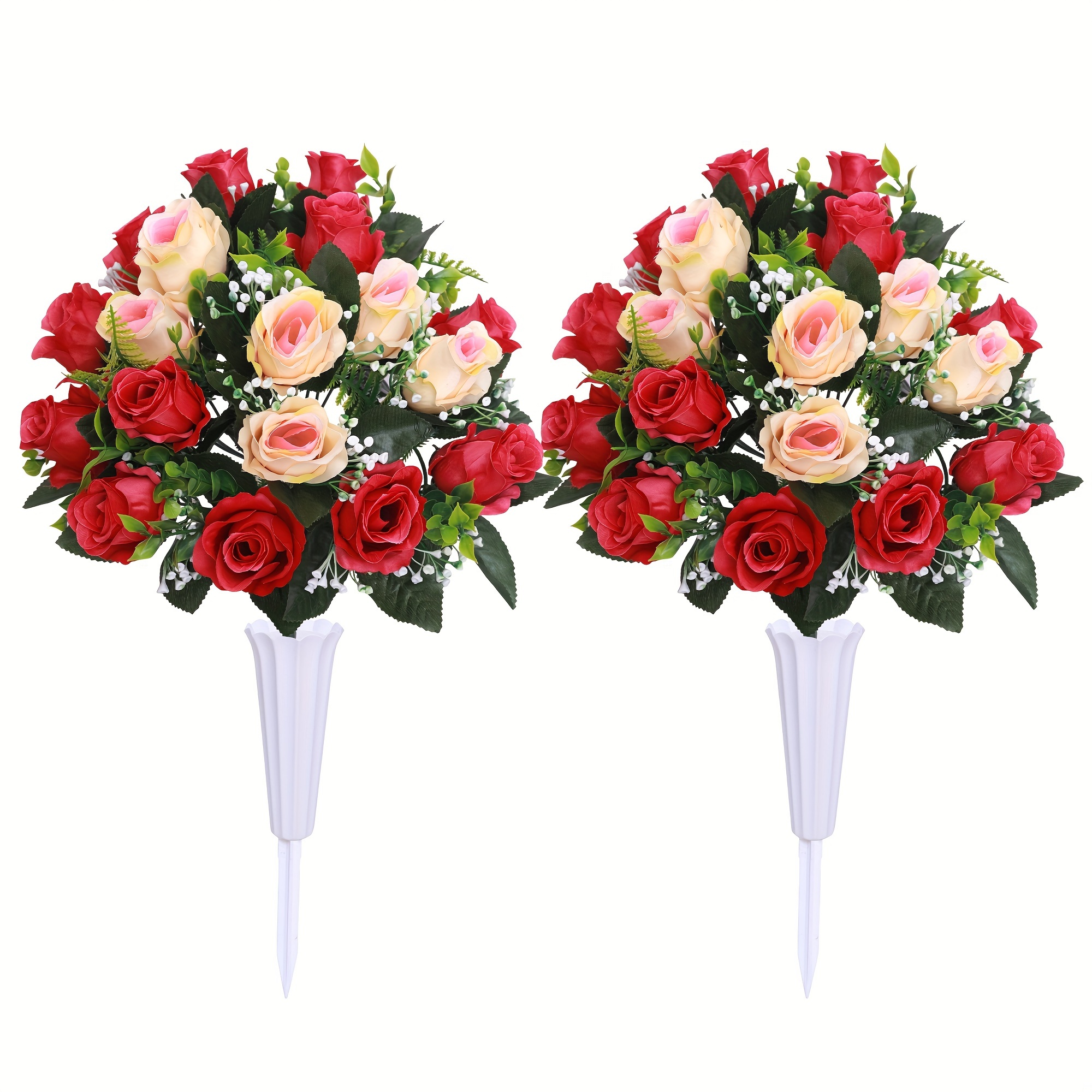 

Set Of 2 Artificial Cemetery Flowers With Vase, Grave Memorial Flowers, Artificial Rose Bouquet Decoration For Cemetery Gravesites