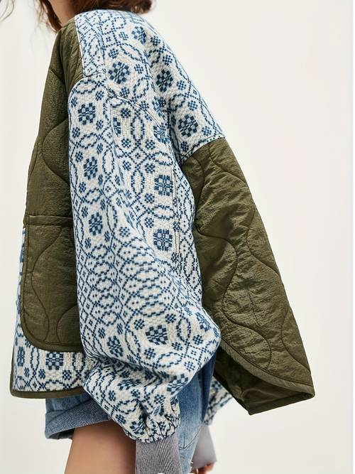 womens blue floral olive green quilted jacket coat with asymmetric panels geometric sleeves single breasted casual outerwear machine washable quilted for year round wear