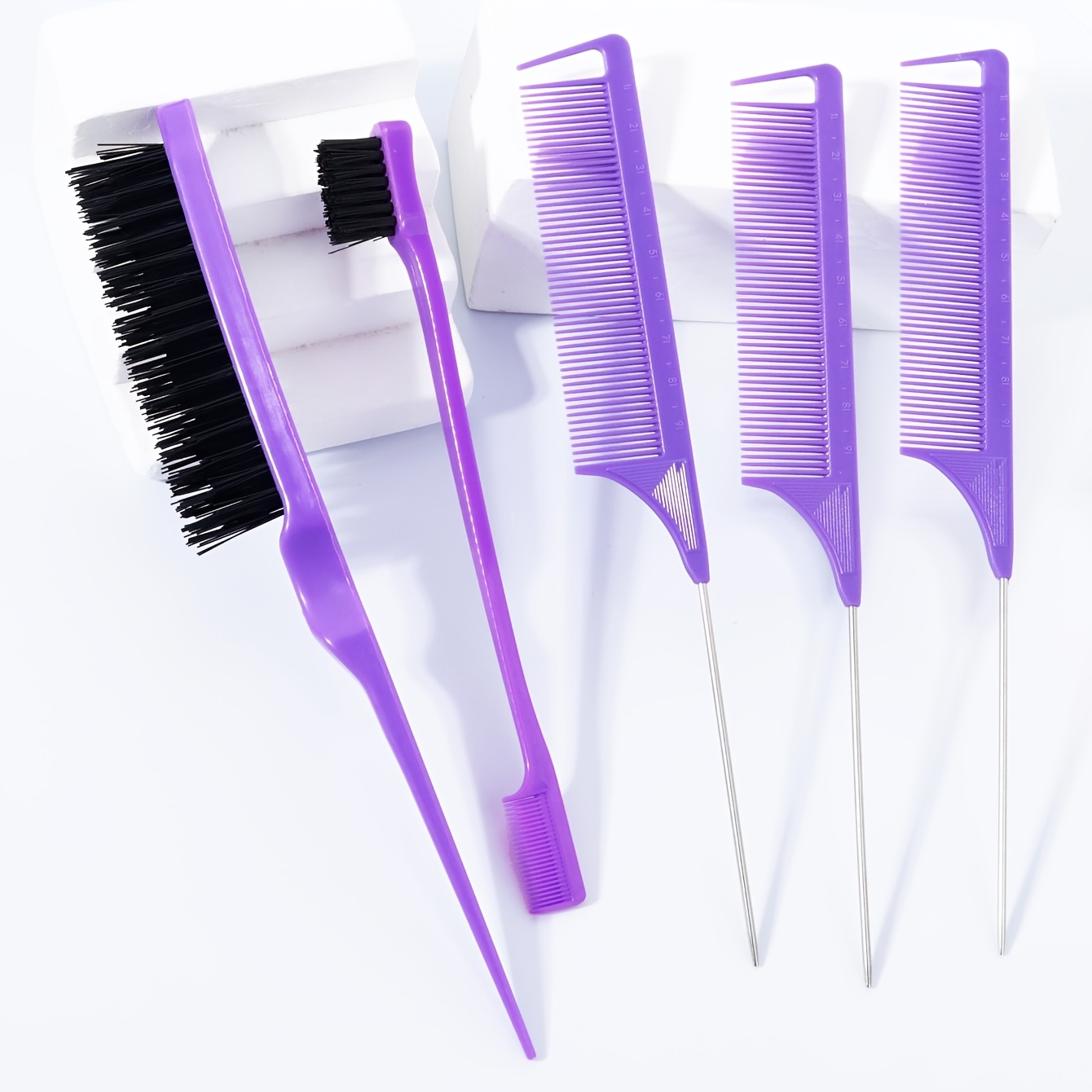 TEMU 5pcs Hair Salon Styling Comb Set - 3 Stainless Steel Pointed Tail Combs, Double Ended Side Control Brushes, Nylon Combing Brushes, Suitable For