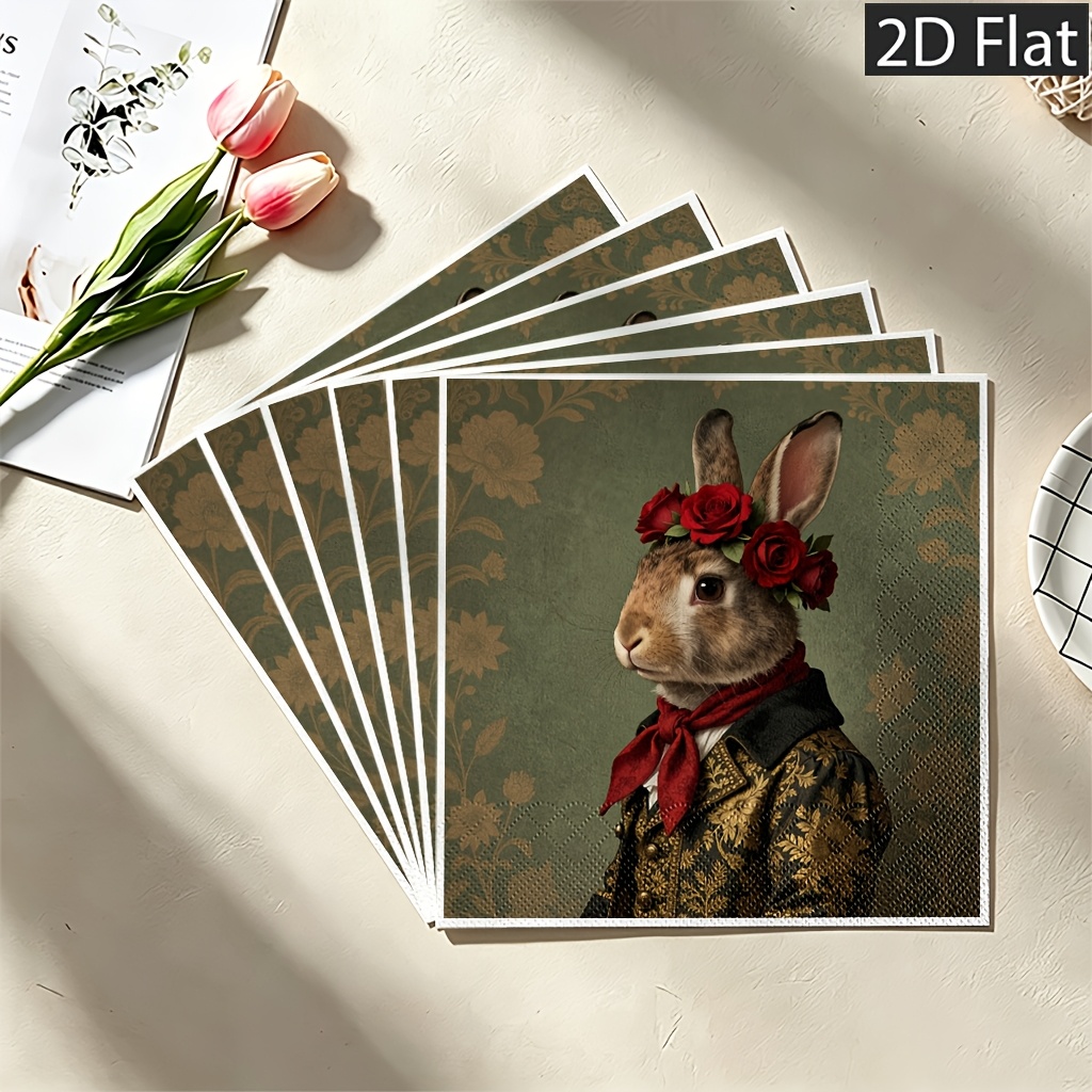 TEMU Lot de 20 serviettes en papier jetables 2D plates, 2 épaisseurs pour une durabilité accrue, motif vintage Lapin Gentleman avec couronne florale,