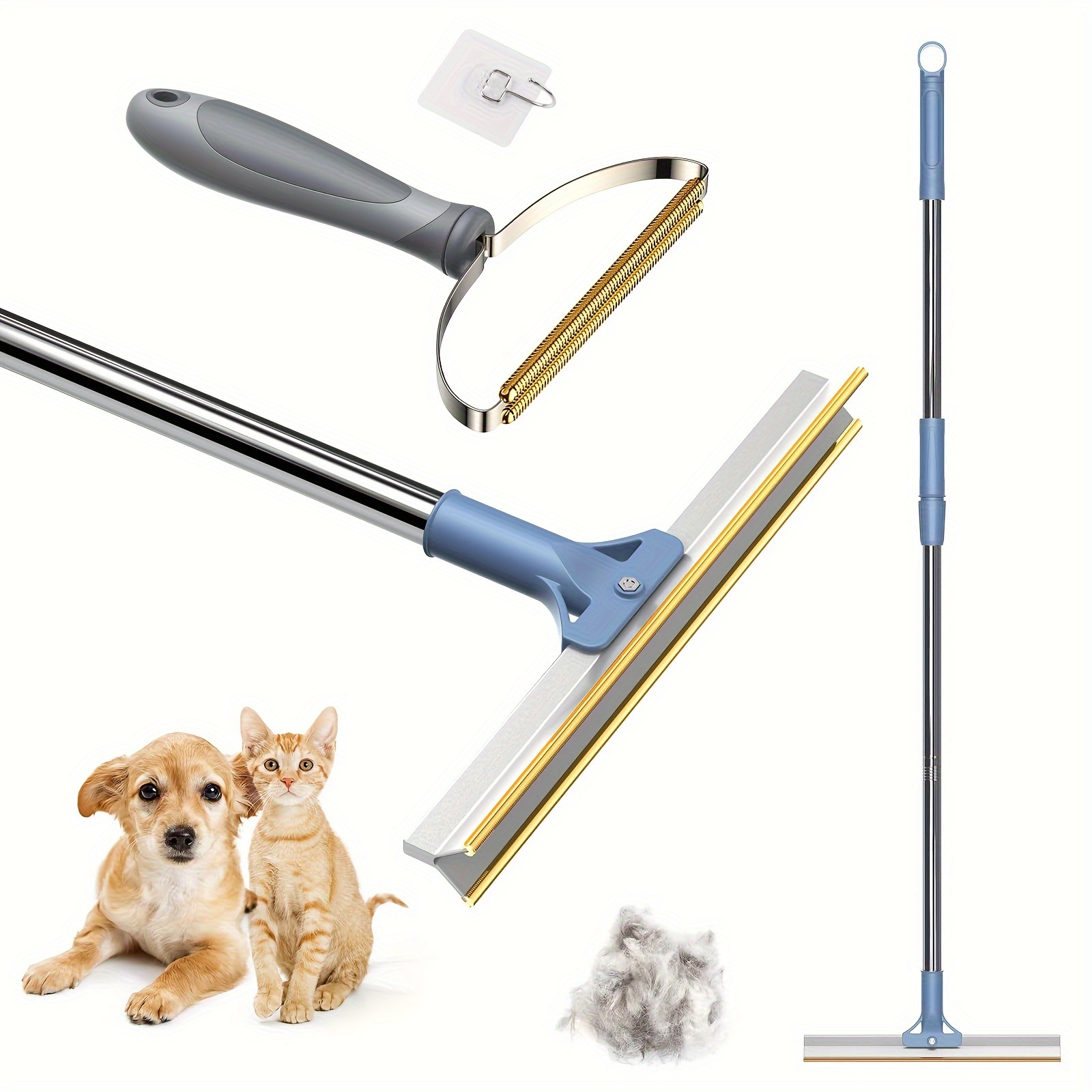 

Pet Hair Remover Bundle - Adjustable Length Large Carpet Rake & Portable Scraper, Reusable Lint Remover Brush For Removing Embedded Fur From Pile Rugs, Stairs, And Carpets - Ideal For Hair Removal