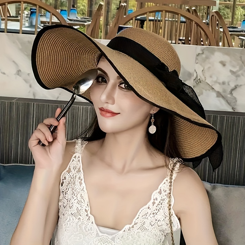 

1pc Women's Extra Large Brim Summer Hat, Foldable Anti-uv Protection Beach Hat With Ribbon Bow, Versatile Straw Sun Hat For Travel & Seaside