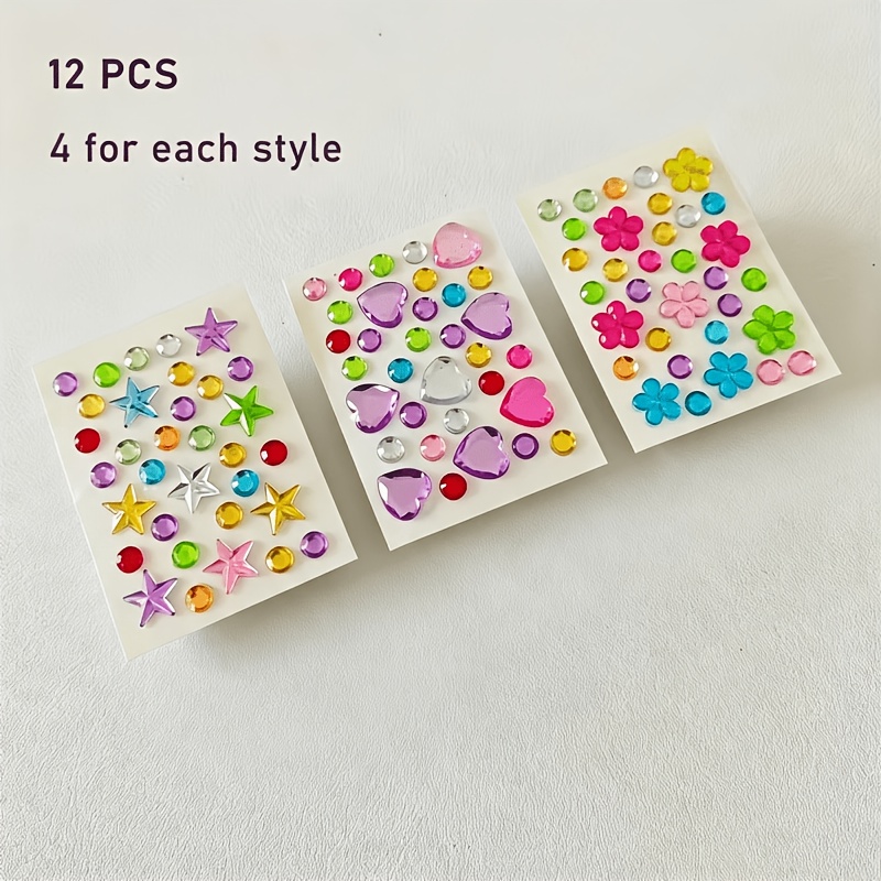 TEMU 12pcs Mini Heart, Star, And Floral Diamond Stickers - Vibrant Acrylic Floral Appliques, Suitable For Makeup, Eye Makeup Embellishments, And