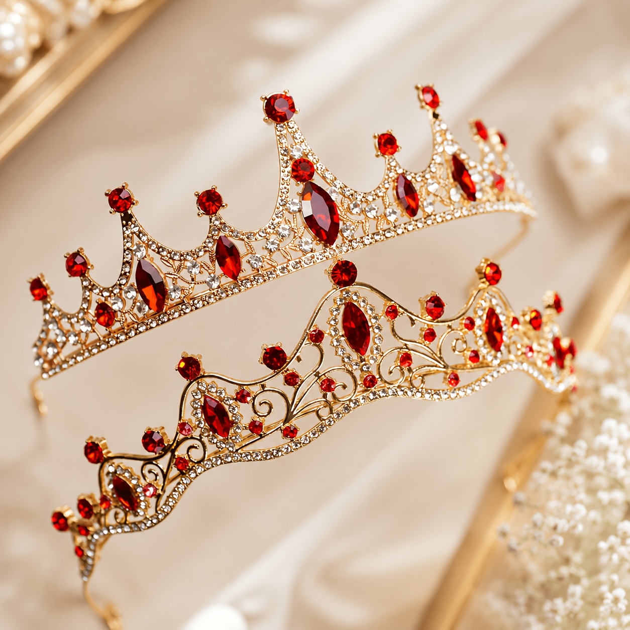 TEMU 2pcs Set Of Red Rhinestone Crown, Luxurious And -style Headpiece, Suitable For Brides And Weddings, Birthday Parties, Coming-of-age Ceremonies,