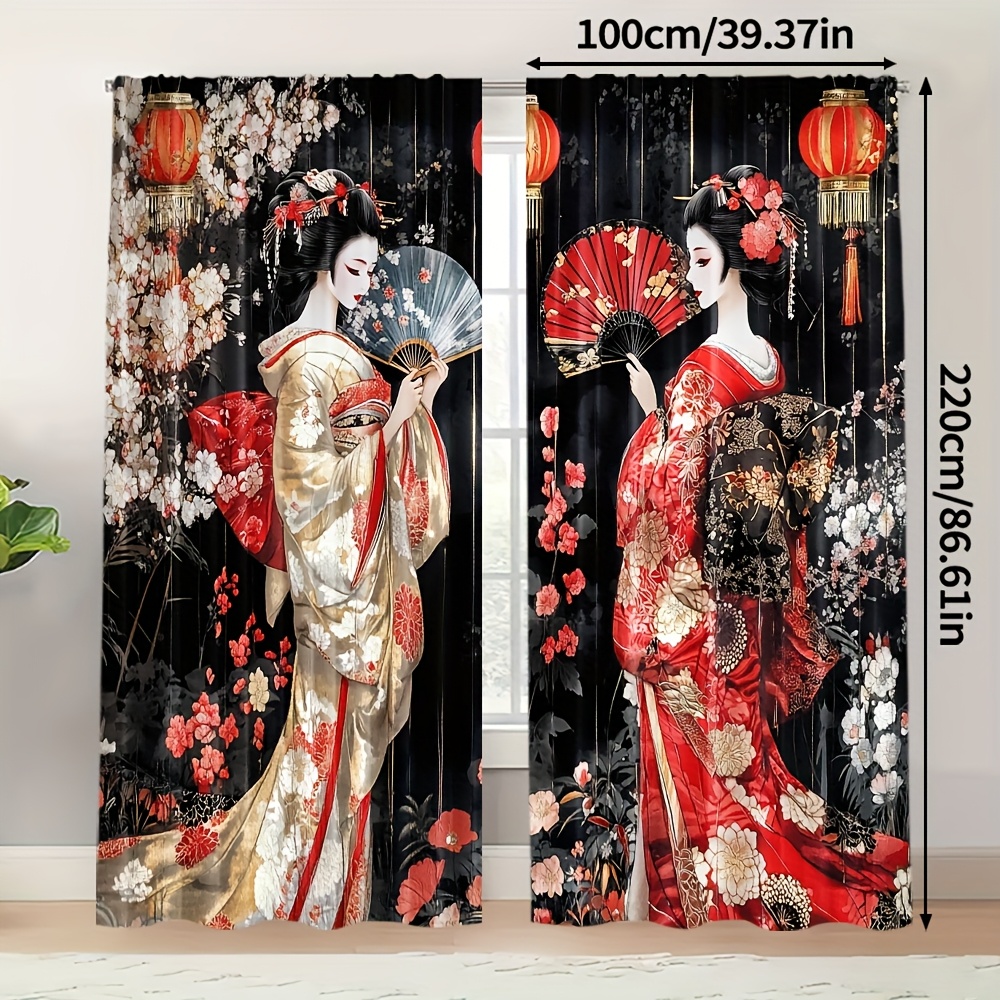 TEMU Ensemble de 2 rideaux avec motif de geisha japonaise, fabriqués en polyester durable (tuteur non , mouvement, pile requise). Convient pour la