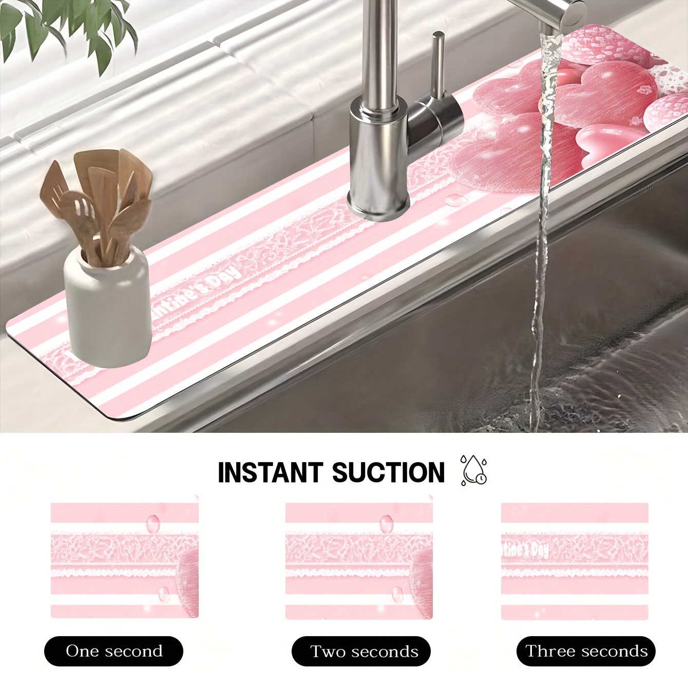 valentines day pink striped love faucet mat   polyester moisture proof absorbent drain pad for kitchen and bathroom   mud suction cup design details 9