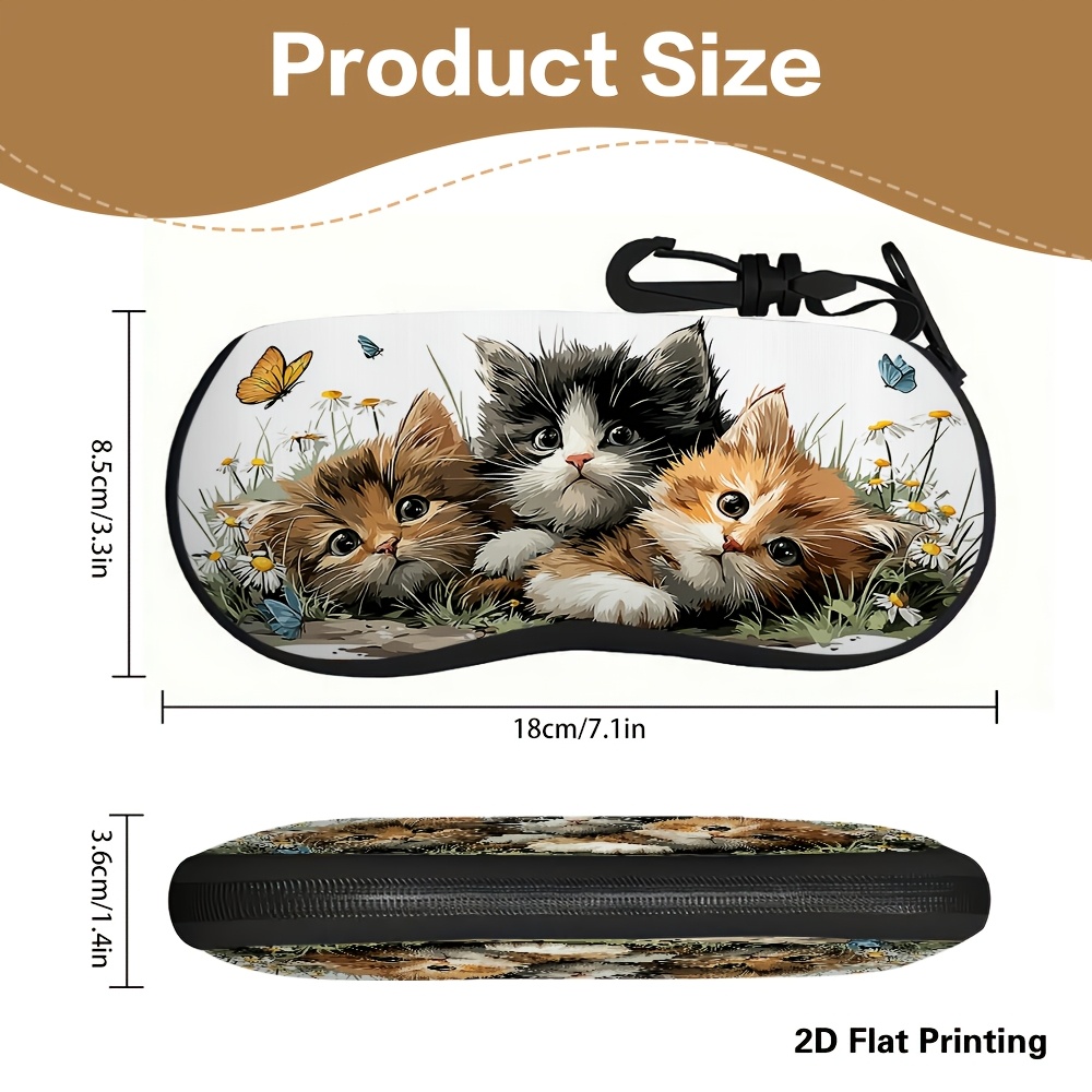 TEMU 1pc 2d Flat Butterflies Kittens Flowers Pattern Printed Hard Shell Eyeglass Case, Portable Glasses Storage Box With Soft Lining, Stylish