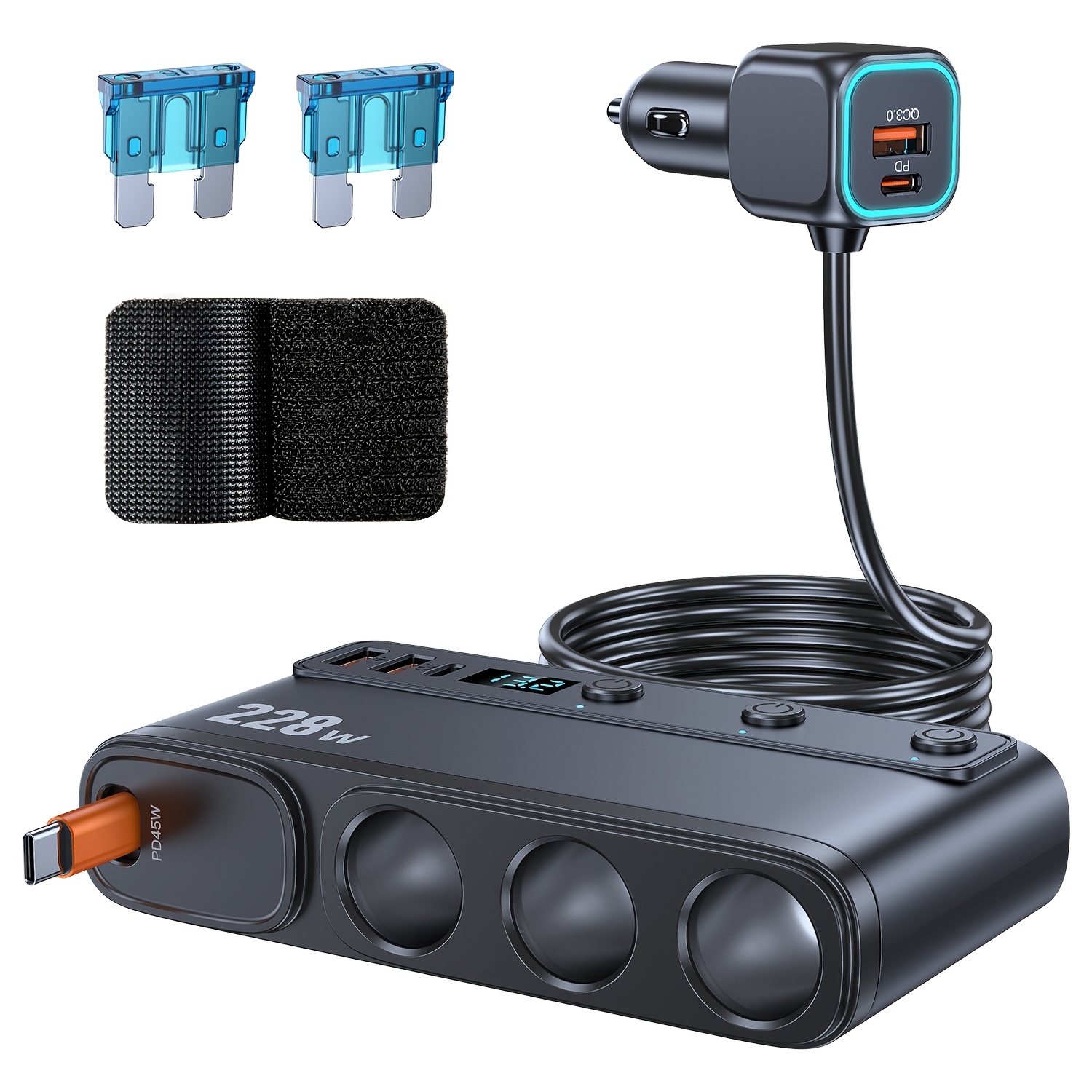 TEMU Car Charger Expander, Power Divider, Three-port Expansion, Pd65 Fast Charge, 228w Fast Charge, A Total Of 9 Charging Ports, Type-c   Usb
