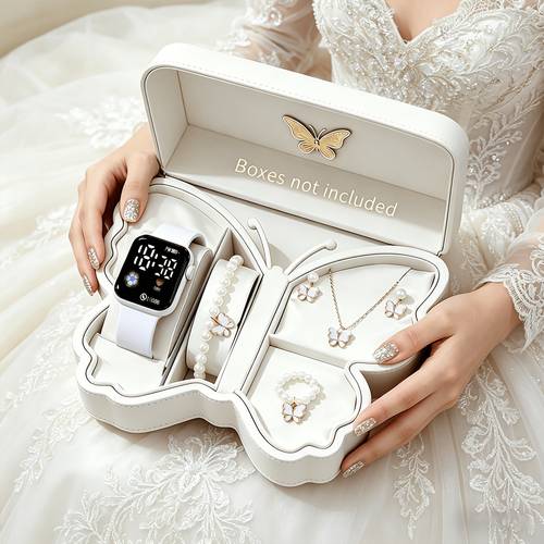 6pcs light luxury ladies watch white strap exquisite fashionable football theme display led fashion electronic watch pearl necklace bracelet ring and earrings birthday holiday graduation travel back to school party