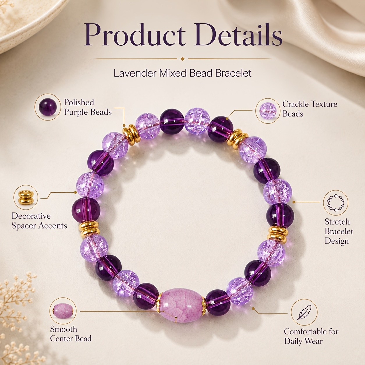 Natural Stone Purple Agate Texture Bracelet, Unisex Gift