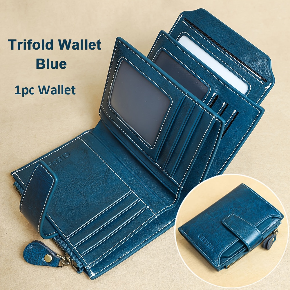 Image of Genuine Leather Short Trifold Wallet Rfid Blocking Leather Purse With Removable Id Window, Multi Card Foldable Zipper Coin Purse Gifts