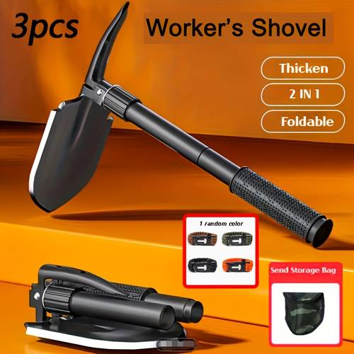 3pcs Folding Shovel - Survival Shovel with Saw & Paracord Bracelet & Shovel Cover Combo, , And Camouflage Bag | Durable Stainless Steel