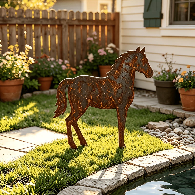 TEMU [2d Flat] Rusty Metal Horse Garden Ground Decoration, Retro Rust Silhouette Ground Decoration, Outdoor Courtyard Lawn Farmhouse Garden