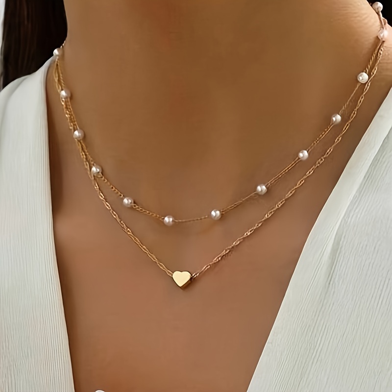2 Popular Heart-shaped Pendant Necklaces With Pearls, Versatile For Layering, Suitable For Women, Featuring A Vintage Double-layer Design
