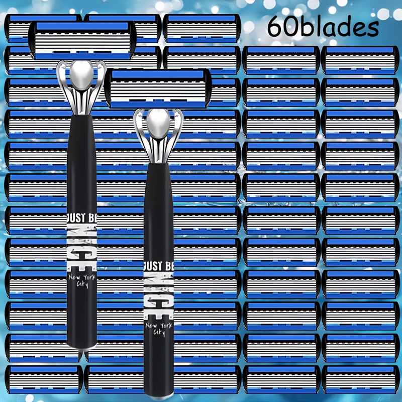 TEMU Unisex Six-layer Stainless Steel Blade Manual Razor Shaver, 1 Set Includes 2 Handles With 60 Replacement Heads, Reusable, Essential For Hair