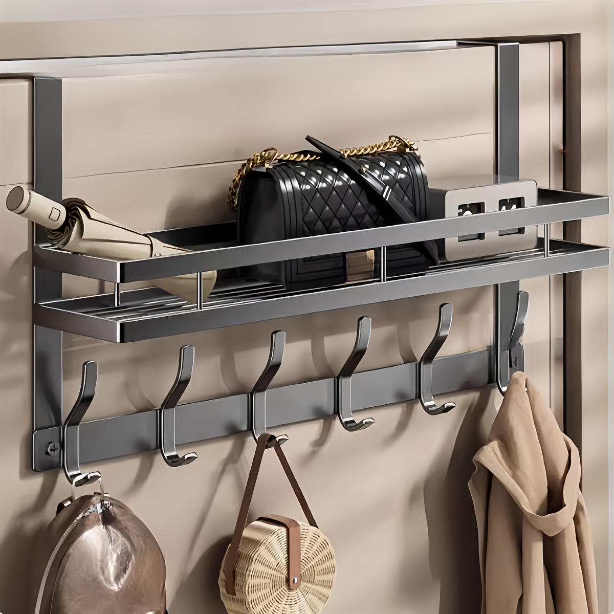 

Fashion Wall Mount Rack With , Dual-layer Door Hanging Organizer For Bathroom With 4-5-6 Hooks Options