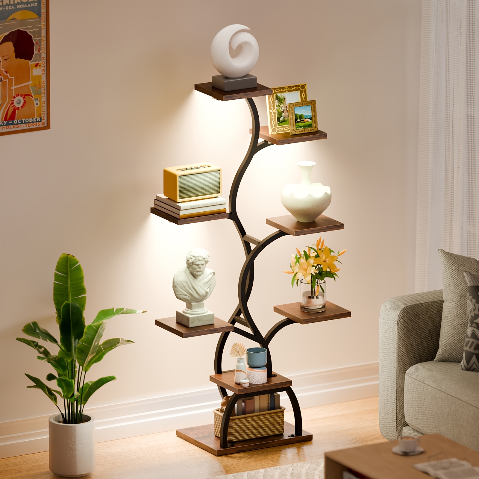 1pc Bookshelf with LED Lights- 8 Tier 123cm Multi-functional Metal Display Shelf Corner for Books Magazines Photo Frames, Vases, 48.7