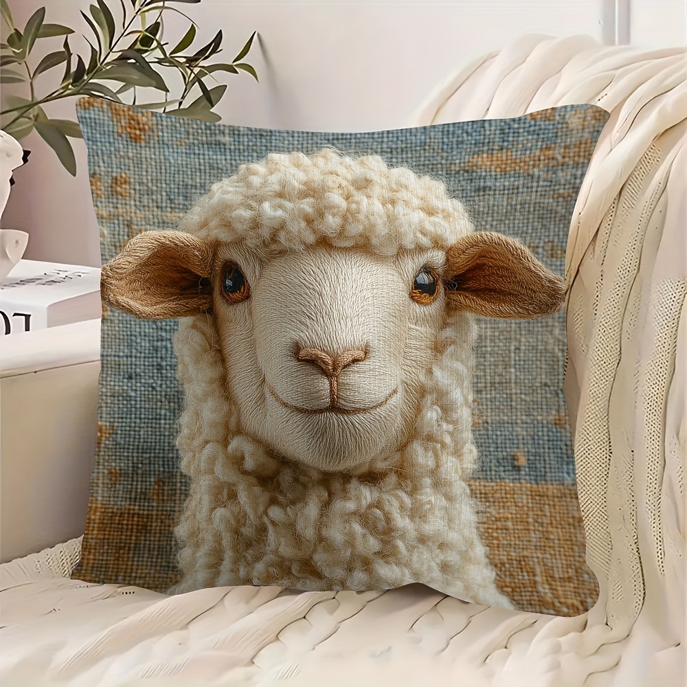 

1pc Contemporary Fuzzy Sheep Ewe Pillow Cover, 18x18inch, Zippered Polyester Throw Cushion Case For Sofa, Chair, Bed, Car, Living Room, Office Decor - Hand Wash Only