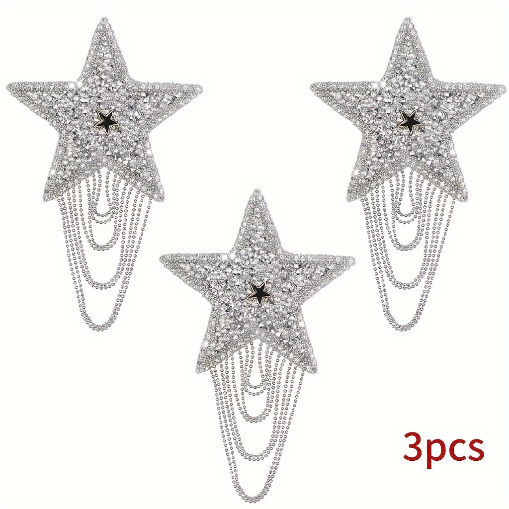 Image of 3pcs New Fashionable Silvery Hot Stamping Hanging Chain 5 Pointed Star Hot Stamping Sticker Clothes, Shoes, Hats, Bags Ironing Hot Stamping Sticker