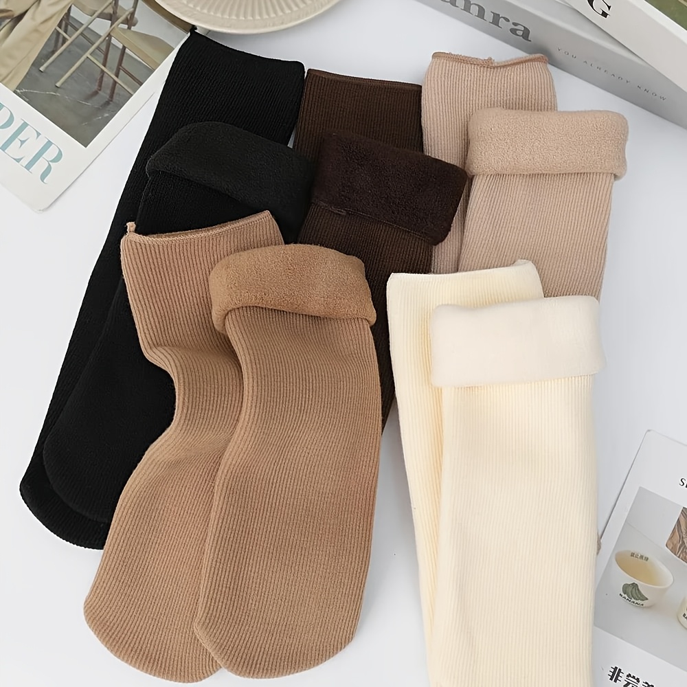 Image of 5pairs Random Color Warm Socks Women Winter Thicken Home Socks Solid Colors Mid-tube Floor Stockings