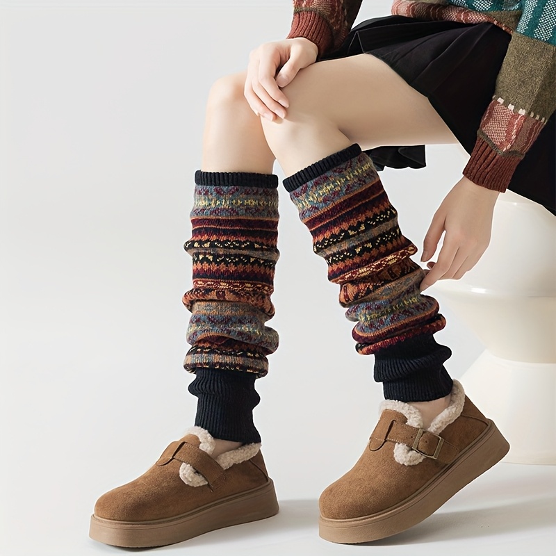 TEMU Autumn/winter Thickened Bohemian Style Women's Wool Slouch Socks, Extended Length Warm Leg Warmers, Knee-high Boot Socks