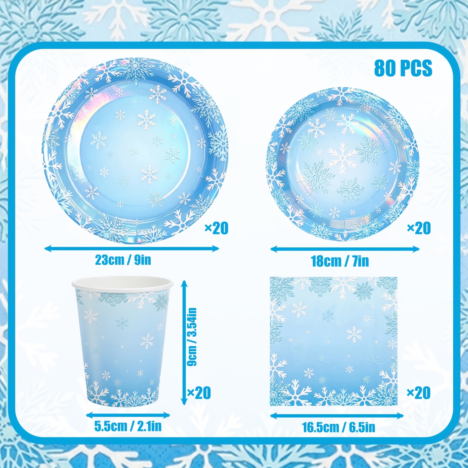 Image of 80pcs 300gsm Snowflake Winter Paper Tableware Supplies Set Perfect For | Snowflake Theme | Disposable Paper Dinner Dessert Plates Cups Napkins | Birthday Party Decors