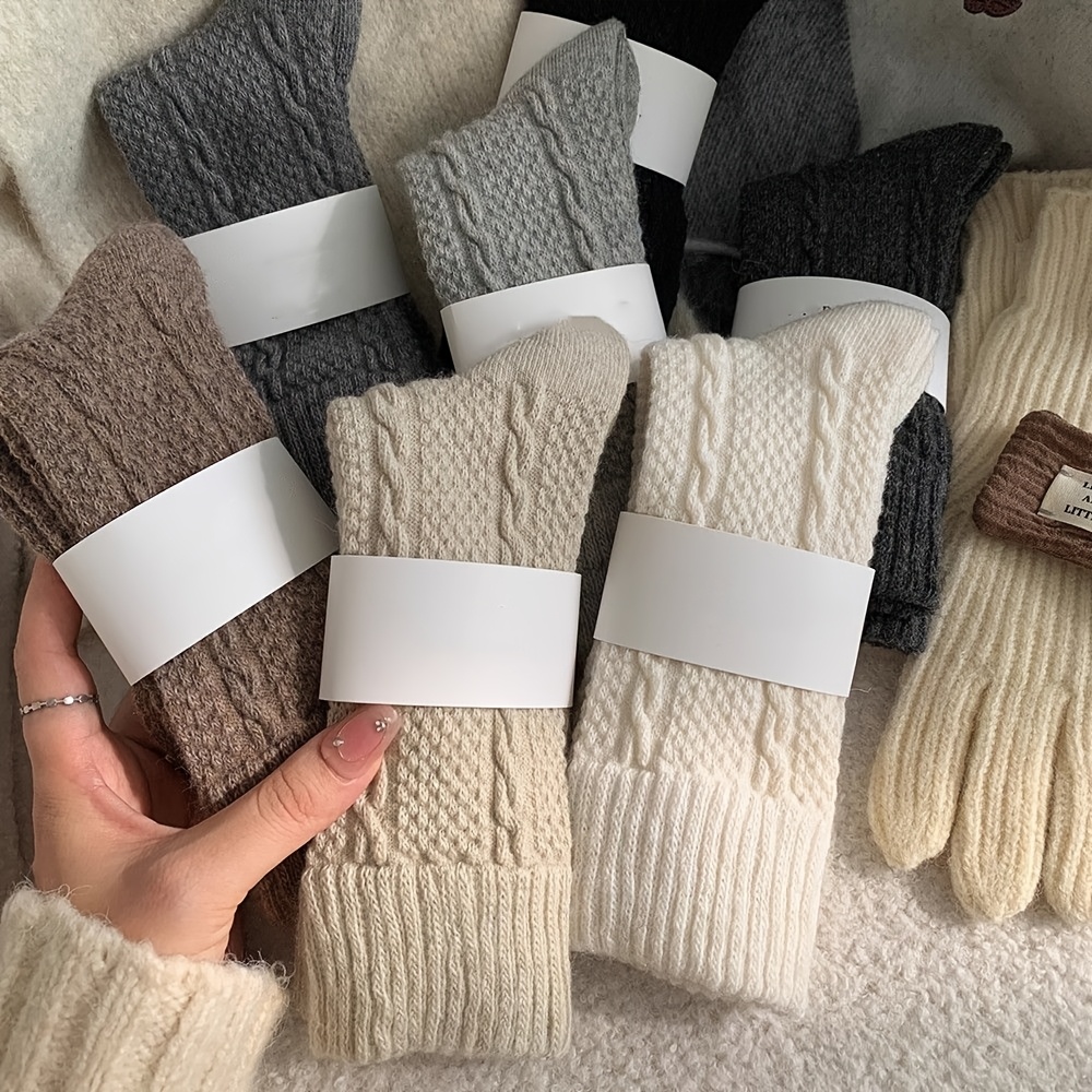 

3pcs Cozy Cable Knit Socks For Couples - Elegant & Mid-calf Stacking Socks In Vintage Solid Colors, Soft Polyester With Elastane, Fall/winter, Cute Socks