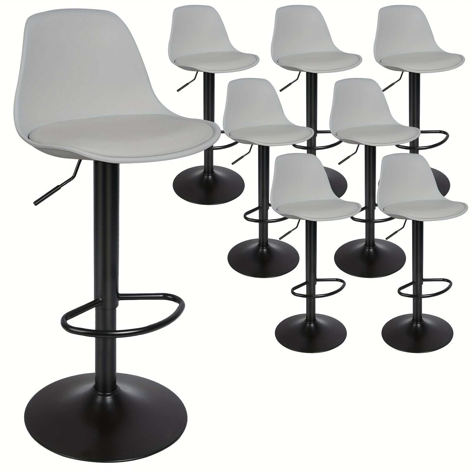 Set Of 8 Adjustable Height Farmhouse Bar Stools, Pu Seat Counter Stools With Footrest, Rustic Kitchen Island Stools For Home & Commercial Use