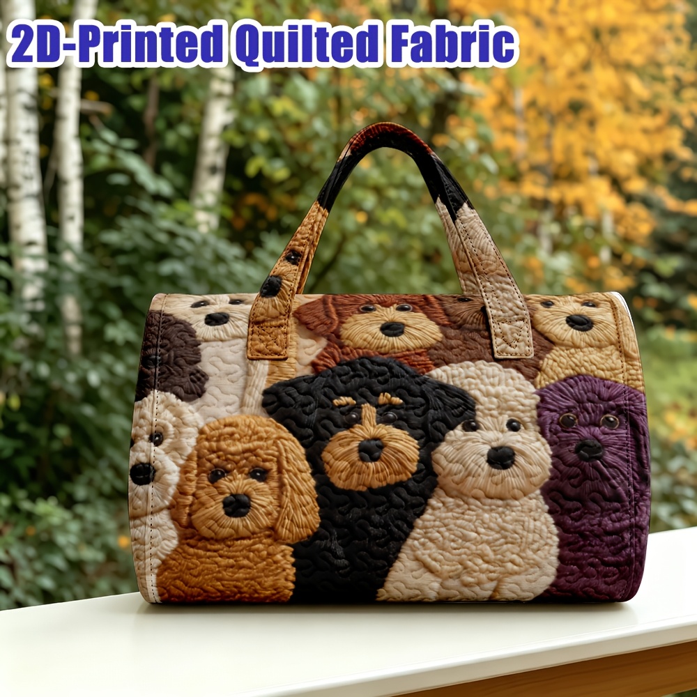 1 ud. Bolso Duffel Acolchado Adorable de Cachorros de Múltiples Razas, Bolso de Viaje Cilíndrico de Gran Capacidad con Asas, Diseño de Perro Esponjoso Blanco Marrón Negro, Estilo Semanal de Noche Cálido y Lindo para Amantes de los Perros, Mujeres, Regalo de Halloween, Acción de Gracias, Navidad