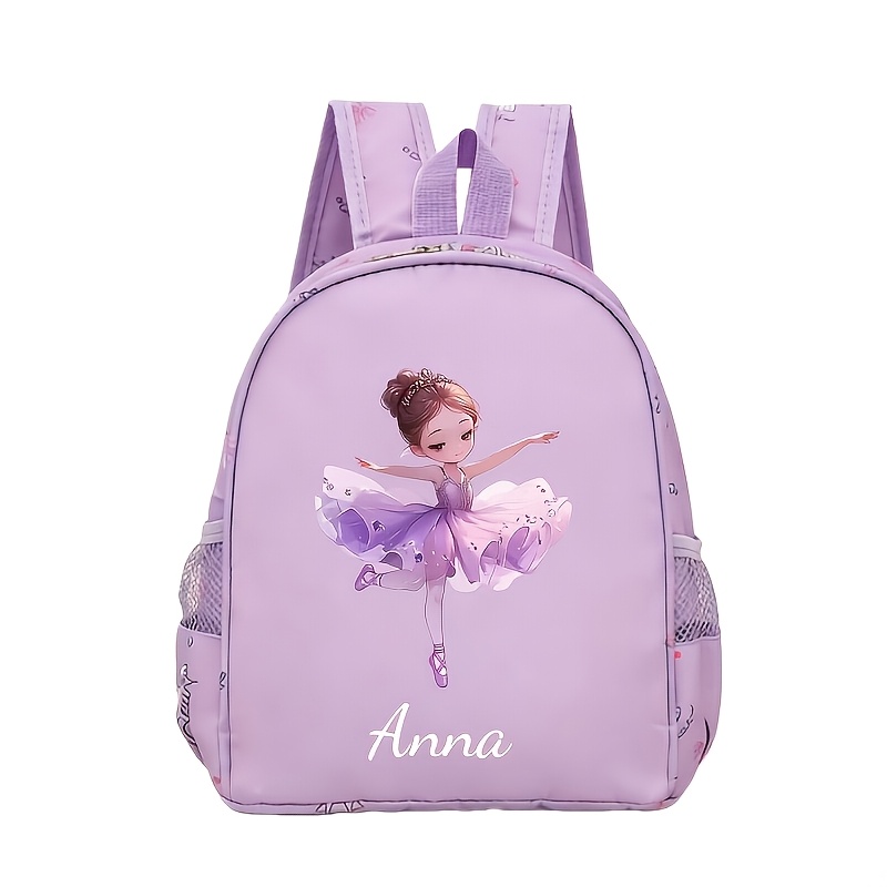 TEMU Customizable Name And Number Fashionable Gentle Ballet Princess Theme Printed Casual Backpack, Soft Low- Pink And Purple Base, Overall Sweet And