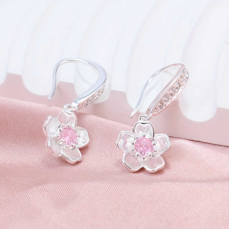 TEMU 925 Silver Exquisite Peach Pendant Earrings Pink Synthetic Zirconia Flower Pendant Earrings Small Fresh Earrings Women's Jewelry, Suitable For Daily Wear And Special Occasions