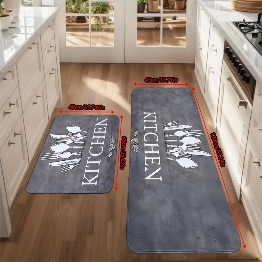 TEMU 2er/3er Set Flanell Küchenmatten - Grau, mit Messer- und Gabel-Druck, Rutschfest, Verschleißfest - Ideal für Küche, Wohnzimmer, Eingangsbereich,