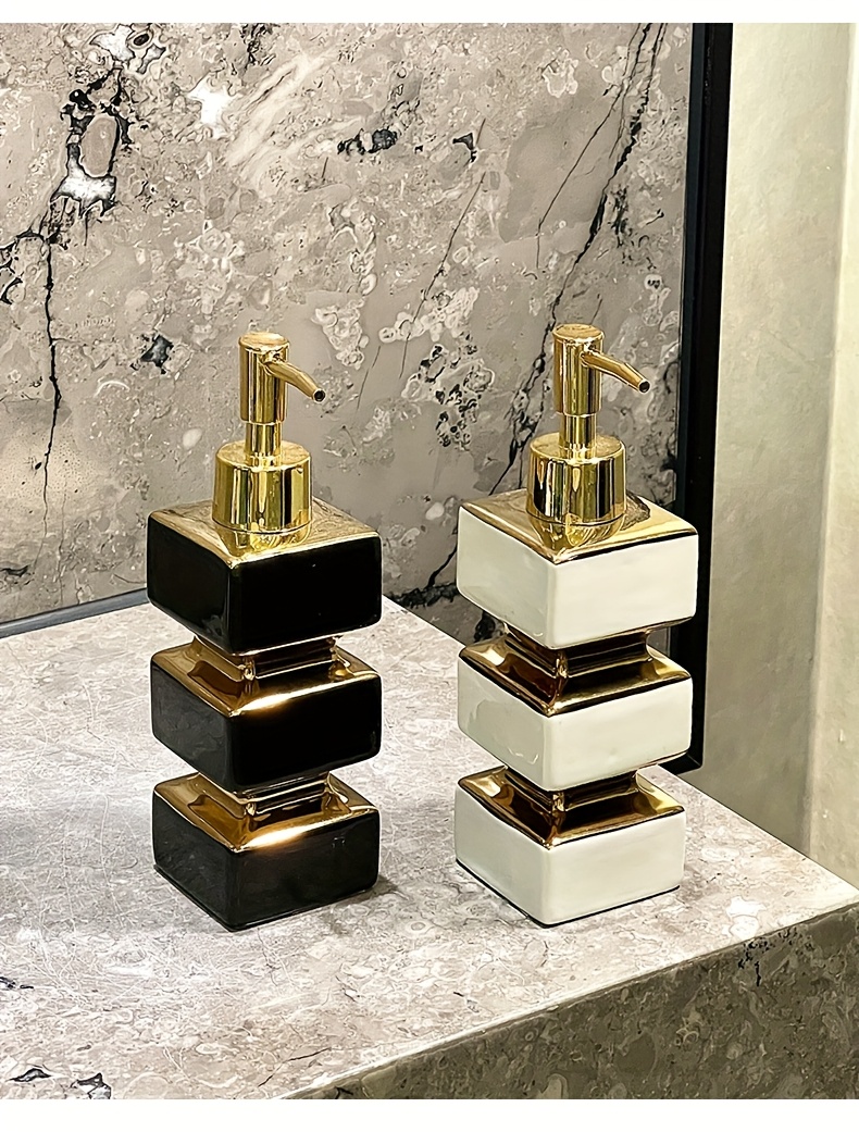 Bathroom Organization And Storage Supplies, Creative Unique Ceramic Mirror Black And White Soap Dispenser, Hotel Washstand Liquid Dispensing Bottle, Pump-Type Empty Bottle, Reusable Shampoo, Shower Gel, Square Tower Lotion Bottle