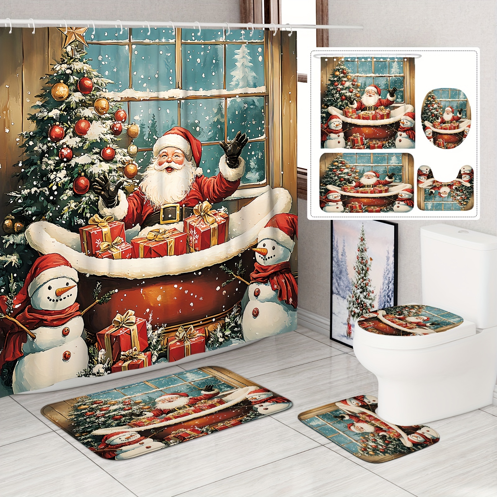 

Festive Christmas Shower Curtain Set With Santa, Snowmen, And Gifts - Polyester, Waterproof, And Machine Washable - Includes 12 Hooks And Non-slip Bath Mat - Perfect For Winter And Christmas Decor