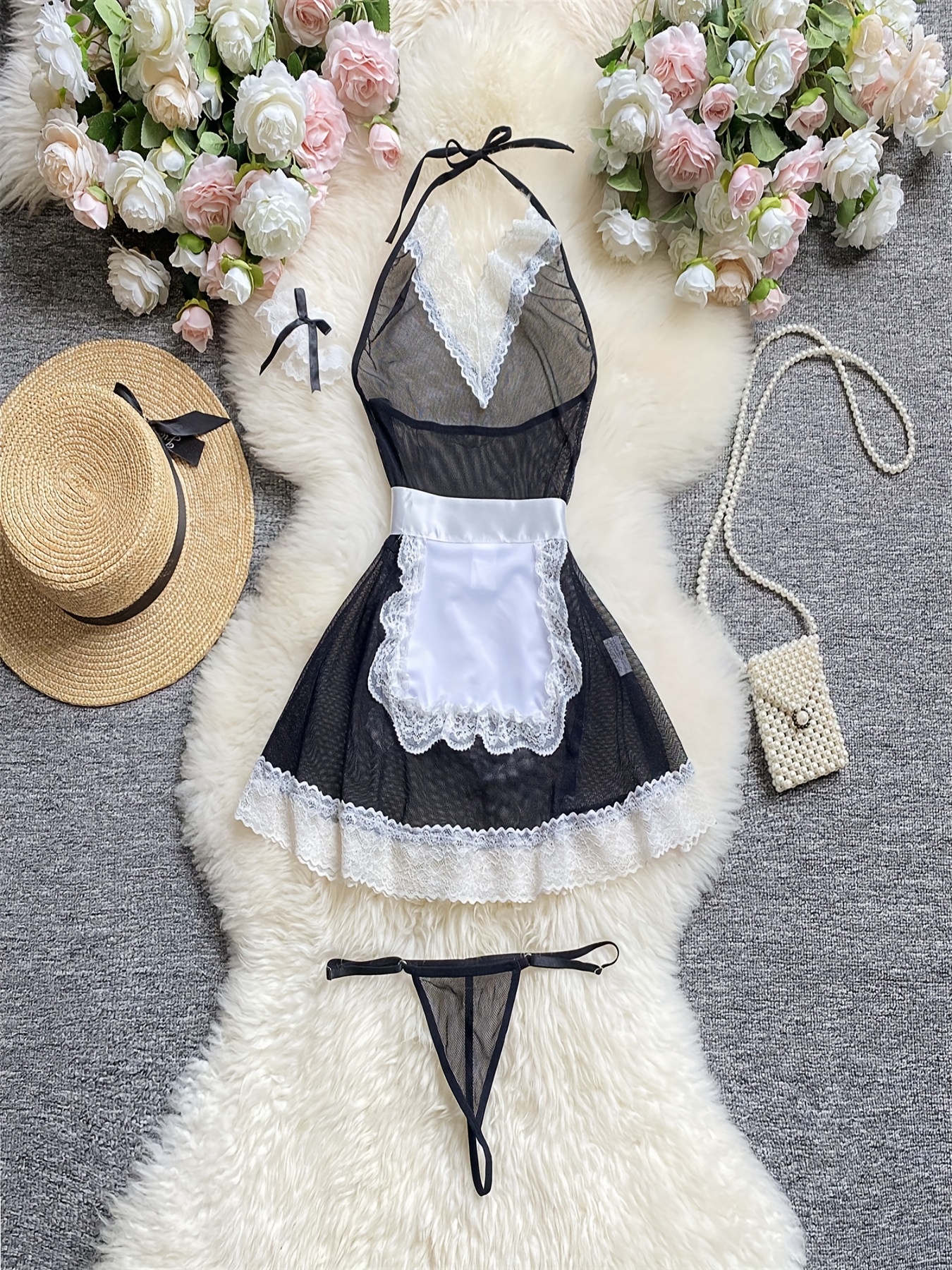 Kawaii Maid Sexy Lingerie Set Cute Bowknot Ruffle Lace Crotch Open Bodysuit  with Headband